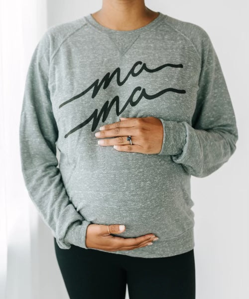 "Grey mama sweatshirt, perfect for family outings and cozy gatherings."