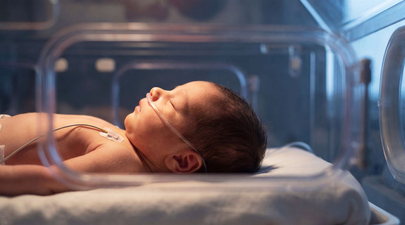 A sleeping newborn baby lying on a white blanket inside a clear plastic incubator, with a nasal oxygen tube and chest monitoring wires visible.