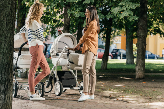 image of two mom holding a stroller in a park
