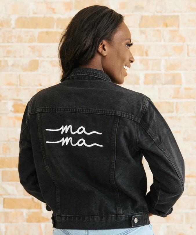 mom wearing denim black with mama's name