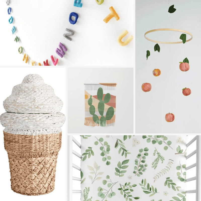 minimalist decorations in a wooden ice cream stuff toys and letters with hanging toys