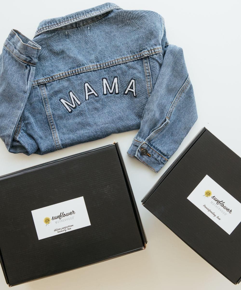 A black box and a denim jacket with mama